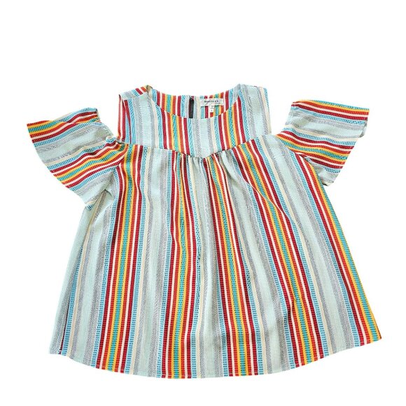 Monteau Striped Open Shoulder Top With Ruffled Sleeves size Large - Picture 1 of 13